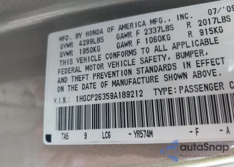 2009 Honda Accord 2.4 Lx z USA, uszkodzony, nr VIN 1HGCP26359A189212
